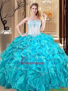 Simple Teal Ball Gowns Strapless Sleeveless Organza Floor Length Lace Up Embroidery and Ruffles Quinceanera Gowns