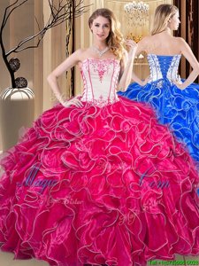 Coral Red Sleeveless Floor Length Embroidery and Ruffles Lace Up Sweet 16 Dresses