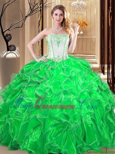 Great Strapless Sleeveless Organza Vestidos de Quinceanera Embroidery and Ruffles Lace Up