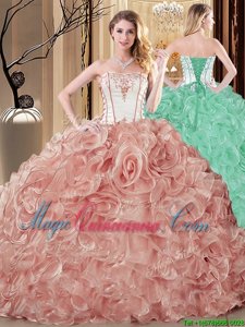 Dazzling Champagne Ball Gowns Embroidery and Ruffles 15 Quinceanera Dress Lace Up Organza Sleeveless Floor Length