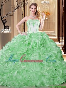 Edgy White and Green Ball Gowns Strapless Sleeveless Organza Floor Length Lace Up Embroidery and Ruffles Quinceanera Gowns