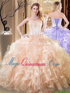 Great White and Yellow Lace Up Strapless Embroidery and Ruffles Sweet 16 Dress Organza Sleeveless