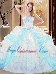 Perfect Organza Strapless Sleeveless Lace Up Embroidery and Ruffled Layers Sweet 16 Dresses in White and Blue