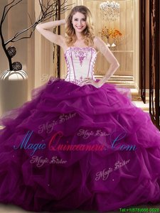 White and Fuchsia Lace Up Quince Ball Gowns Embroidery and Ruffled Layers Sleeveless Floor Length