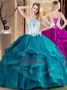 Suitable White and Teal Quinceanera Dress Military Ball and Sweet 16 and Quinceanera and For with Embroidery Strapless Sleeveless Lace Up