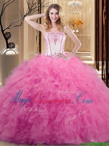 Unique White and Rose Pink Ball Gowns Tulle Strapless Sleeveless Embroidery Floor Length Lace Up Vestidos de Quinceanera