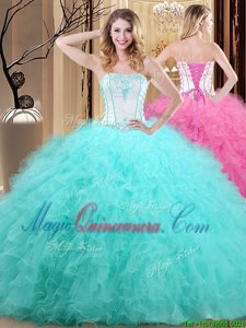 Amazing Blue And White Quince Ball Gowns Military Ball and Sweet 16 and Quinceanera and For with Embroidery Strapless Sleeveless Lace Up