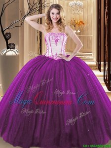 White And Purple Ball Gowns Strapless Sleeveless Tulle and Sequined Floor Length Lace Up Embroidery Quinceanera Gown