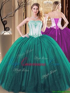 Green and Olive Green Strapless Lace Up Embroidery Quinceanera Gown Sleeveless