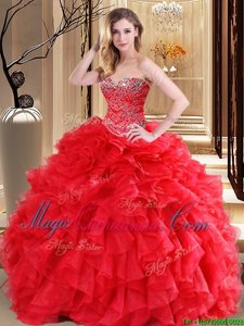 Dynamic Sweetheart Sleeveless 15th Birthday Dress Floor Length Beading and Ruffles Red Organza