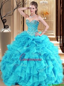 Aqua Blue and Turquoise Ball Gowns Beading and Ruffles Sweet 16 Dress Lace Up Organza Sleeveless Floor Length