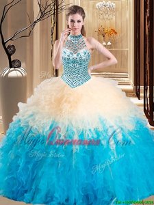 Discount Multi-color Ball Gowns Tulle Halter Top Sleeveless Beading and Ruffles Floor Length Lace Up Quinceanera Gowns