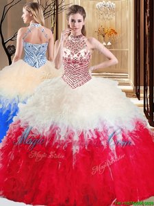 Glorious Halter Top White And Red Sleeveless Floor Length Beading and Ruffles Lace Up 15th Birthday Dress