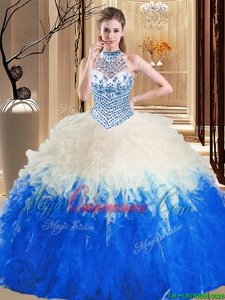 Halter Top Blue And White Sleeveless Floor Length Beading and Ruffles Lace Up Quinceanera Dress