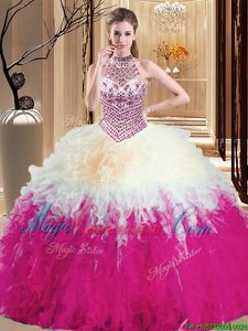 Comfortable Multi-color Halter Top Lace Up Beading and Ruffles Quince Ball Gowns Sleeveless