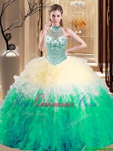 Edgy Halter Top Sleeveless Floor Length Beading and Ruffles Lace Up Ball Gown Prom Dress with Multi-color