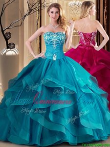 Embroidery and Ruffles 15th Birthday Dress Teal Lace Up Sleeveless Floor Length