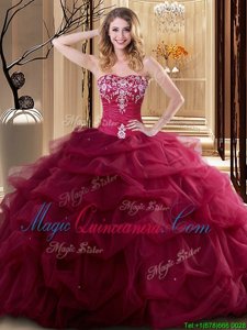Luxurious Embroidery and Ruffles 15 Quinceanera Dress Wine Red Lace Up Sleeveless Floor Length