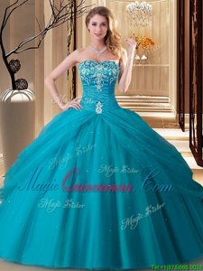 Teal Ball Gowns Embroidery 15th Birthday Dress Lace Up Tulle Sleeveless Floor Length