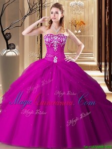 Ball Gowns Quinceanera Dress Hot Pink Sweetheart Tulle Sleeveless Floor Length Lace Up