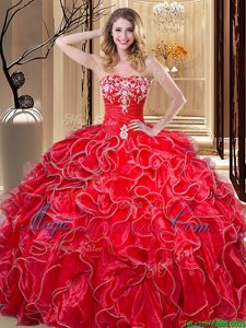 Custom Designed Floor Length Coral Red Ball Gown Prom Dress Organza Sleeveless Embroidery and Ruffles