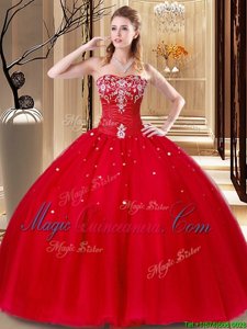 Red Sweetheart Lace Up Beading and Embroidery Ball Gown Prom Dress Sleeveless