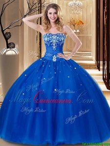 Noble Royal Blue Tulle Lace Up Sweetheart Sleeveless Floor Length Sweet 16 Quinceanera Dress Beading and Embroidery