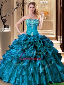 Fantastic Floor Length Lace Up Quinceanera Gown Teal and In for Military Ball and Sweet 16 and Quinceanera with Embroidery and Ruffles