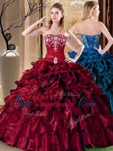 Wine Red Organza Lace Up Vestidos de Quinceanera Sleeveless Floor Length Embroidery and Ruffles