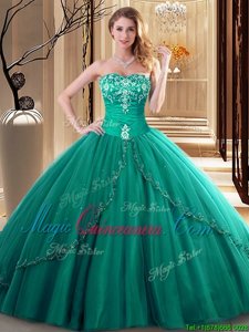 Discount Dark Green Sweetheart Lace Up Embroidery Quince Ball Gowns Sleeveless