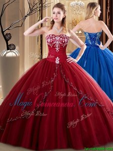 Sleeveless Floor Length Embroidery Lace Up Quince Ball Gowns with Wine Red