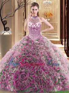 Halter Top With Train Ball Gowns Sleeveless Multi-color Quinceanera Gowns Brush Train Lace Up