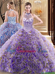 Halter Top Multi-color Sleeveless Fabric With Rolling Flowers Brush Train Lace Up Sweet 16 Dress for Military Ball and Sweet 16 and Quinceanera