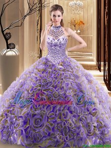 Halter Top Sleeveless Brush Train Lace Up With Train Beading Quinceanera Gowns