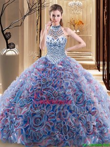Luxurious Fabric With Rolling Flowers Halter Top Sleeveless Brush Train Lace Up Beading Quinceanera Dress in Multi-color