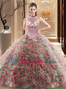 Halter Top Fabric With Rolling Flowers Sleeveless With Train 15th Birthday Dress Brush Train and Beading