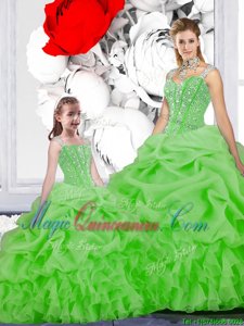 Straps Straps Sleeveless Organza Floor Length Lace Up Ball Gown Prom Dress in for with Beading and Ruffles and Pick Ups