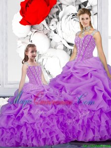 High Quality Straps Straps Floor Length Lace Up Ball Gown Prom Dress Purple and In for Military Ball and Sweet 16 and Quinceanera with Beading and Ruffles and Pick Ups