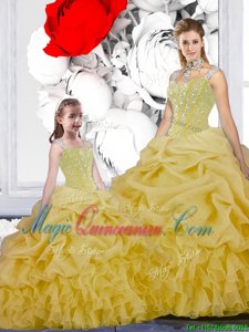 Latest Straps Straps Yellow Organza Lace Up Quinceanera Dresses Sleeveless Floor Length Beading and Ruffles and Pick Ups