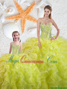 Suitable Yellow Green Ball Gowns Organza Sweetheart Sleeveless Beading and Ruffles Floor Length Lace Up Quinceanera Dresses