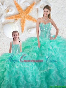 Extravagant Sleeveless Floor Length Beading and Ruffles Lace Up Quince Ball Gowns with Turquoise
