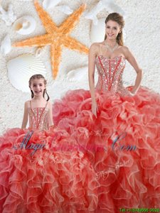 Organza Sweetheart Sleeveless Lace Up Beading and Ruffles Quinceanera Gown in Coral Red