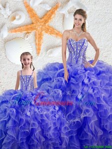Amazing Blue Sweetheart Neckline Beading and Ruffles Sweet 16 Dresses Sleeveless Lace Up
