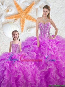 Fashion Organza Sweetheart Sleeveless Lace Up Beading and Ruffles Vestidos de Quinceanera in Fuchsia