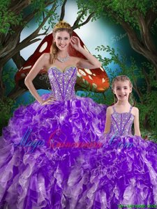 Sumptuous Floor Length Eggplant Purple Sweet 16 Dresses Organza Sleeveless Beading and Ruffles