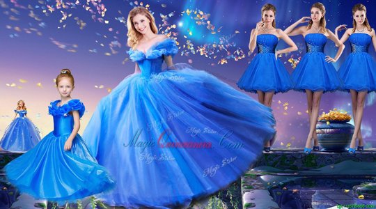 Off The Shoulder Short Sleeves Lace Up Ball Gown Prom Dress Royal Blue Tulle