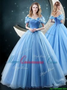 Sumptuous Off the Shoulder Sleeveless Organza With Brush Train Lace Up Sweet 16 Dress in Baby Blue for with Appliques