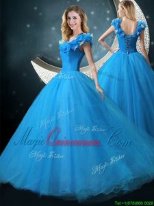 Suitable Floor Length Ball Gowns Cap Sleeves Blue Ball Gown Prom Dress Lace Up