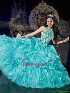 Affordable Pick Ups Floor Length Ball Gowns Sleeveless Aqua Blue Quinceanera Dresses Lace Up