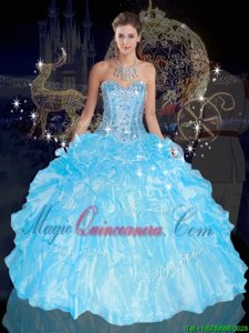Deluxe Organza Sweetheart Sleeveless Lace Up Beading and Ruffles Quinceanera Gowns in Blue